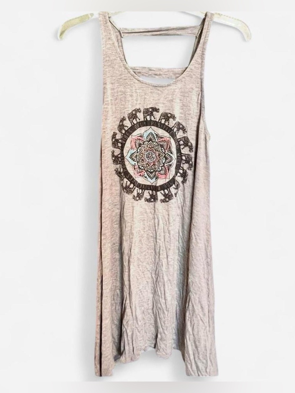 Gray Tank/Dress/Tunic with Mandala Elephant Graphic and Ladder Back